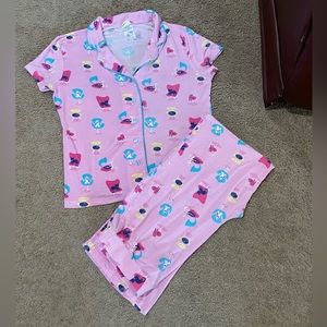 Nite Nite Munki Munki Pink Cat Print Pajama 2 Piece Set S/S Pant Women’s Size S